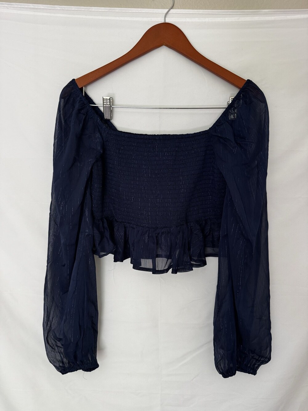 Forever 21 Navy Smocked Top Size L Ruffle Long Sleeve Blouse NWT